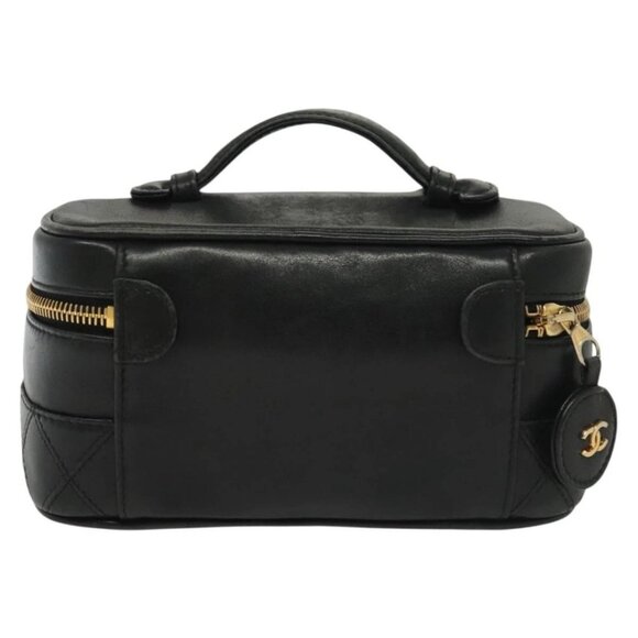 CHANEL Bicolore Vanity Hand Bag Lamb Skin Black Gold CC Auth 139540 - Picture 2 of 16